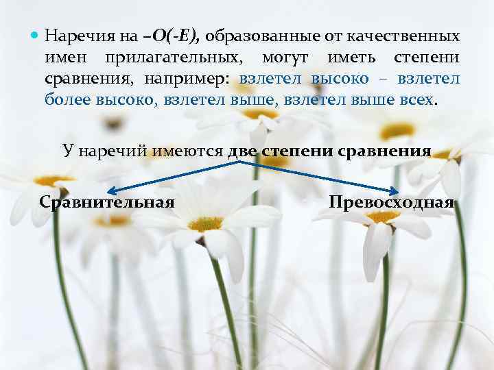  Наречия на –О(-Е), образованные от качественных имен прилагательных, могут иметь степени сравнения, например: