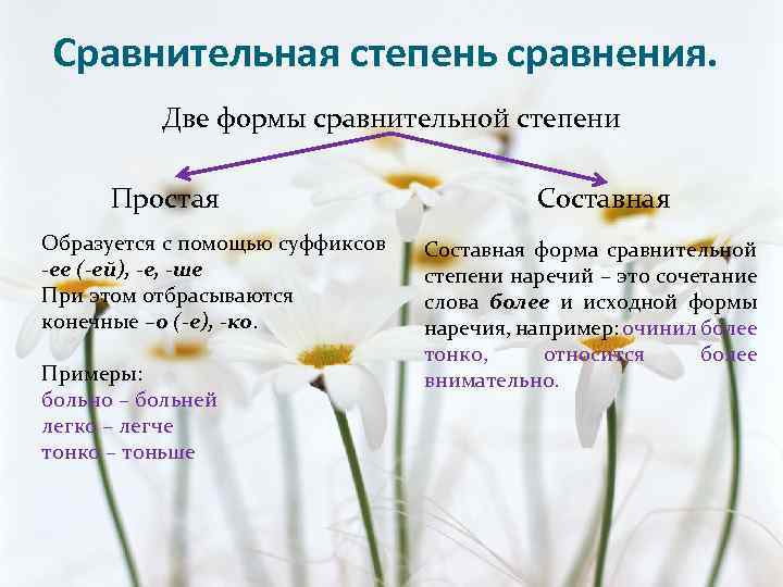 Сравнительная степень сравнения. Две формы сравнительной степени Простая Образуется с помощью суффиксов -ее (-ей),