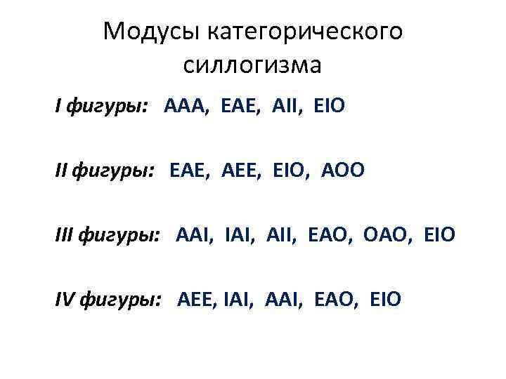 Модусы категорического силлогизма I фигуры: ААА, ЕАЕ, АII, ЕIO II фигуры: EAЕ, AEE, ЕIO,