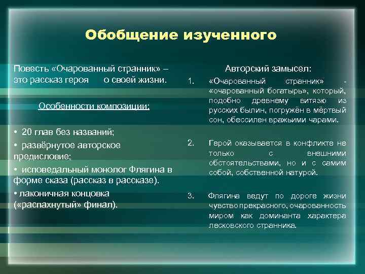 Обобщение изученного Повесть «Очарованный странник» – это рассказ героя о своей жизни. Авторский замысел:
