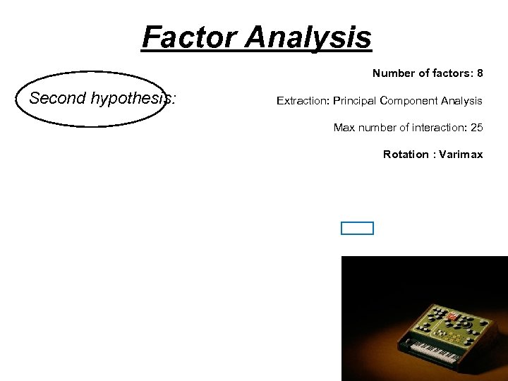 Factor Analysis Number of factors: 8 Second hypothesis: Extraction: Principal Component Analysis Max number