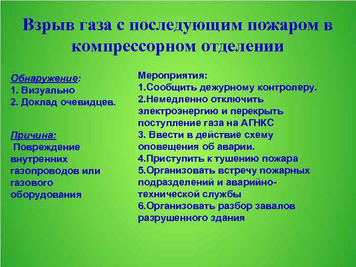 Взрыв газа с последующим пожаром в компрессорном отделении Обнаружение: 1. Визуально 2. Доклад очевидцев.