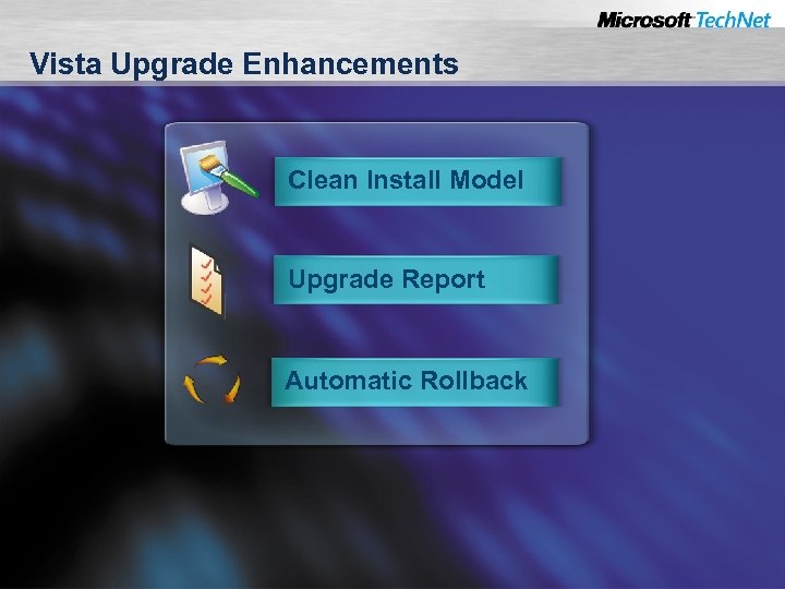 Vista Upgrade Enhancements Clean Install Model Upgrade Report Automatic Rollback 