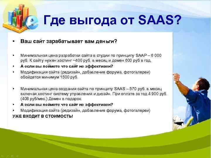 Где выгода от SAAS? • Ваш сайт зарабатывает вам деньги? • Минимальная цена разработки