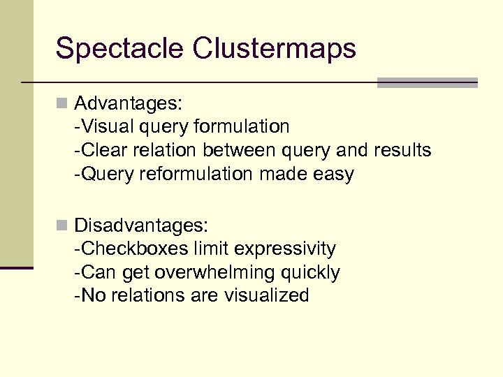 Spectacle Clustermaps n Advantages: -Visual query formulation -Clear relation between query and results -Query