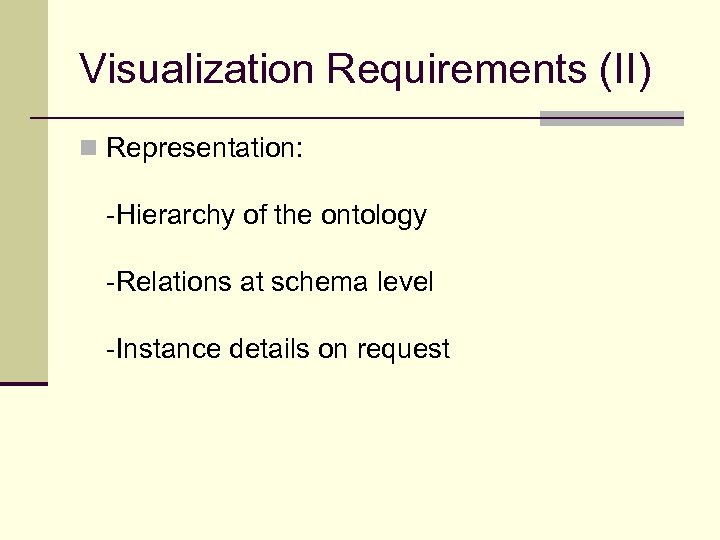 Visualization Requirements (II) n Representation: -Hierarchy of the ontology -Relations at schema level -Instance
