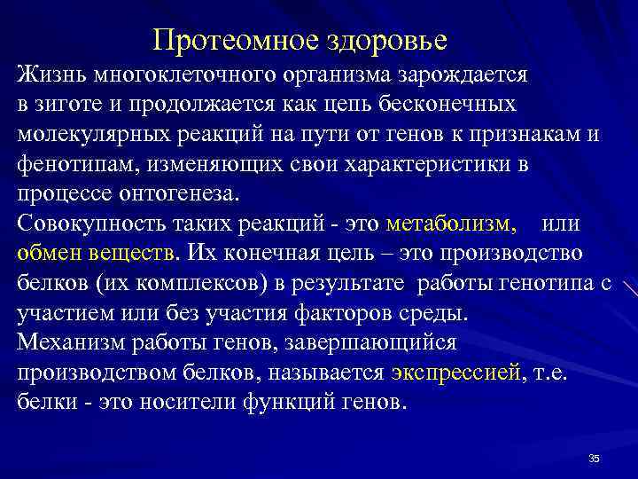 Протеомное здоровье Жизнь многоклеточного организма зарождается в зиготе и продолжается как цепь бесконечных молекулярных
