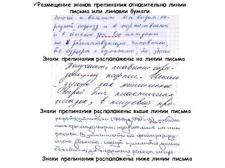 üРазмещение знаков препинания относительно линии письма или линовки бумаги Знаки препинания расположены на линии