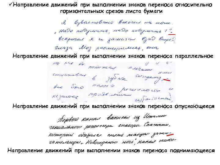 üНаправление движений при выполнении знаков переноса относительно горизонтальных срезов листа бумаги Направление движений при