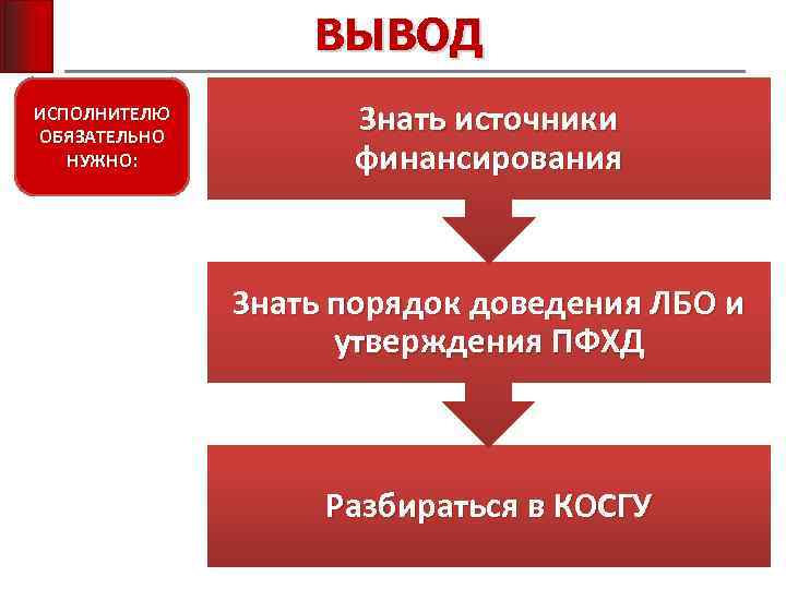 ВЫВОД ИСПОЛНИТЕЛЮ ОБЯЗАТЕЛЬНО НУЖНО: Знать источники финансирования Знать порядок доведения ЛБО и утверждения ПФХД