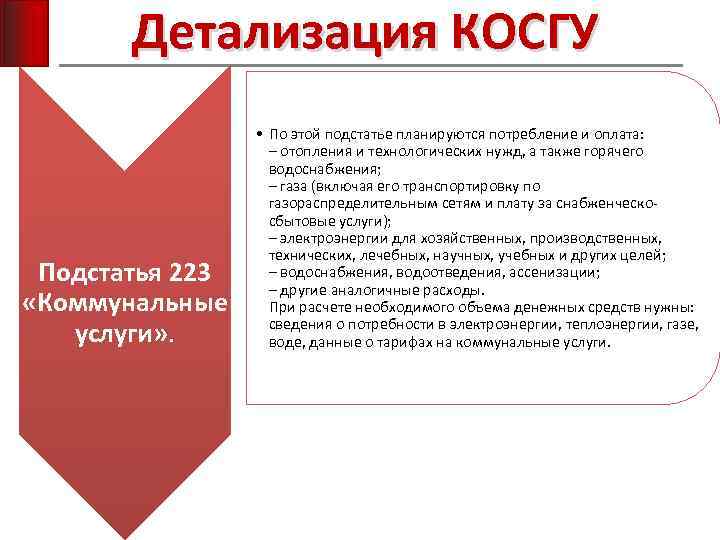 Детализация КОСГУ Подстатья 223 «Коммунальные услуги» . • По этой подстатье планируются потребление и