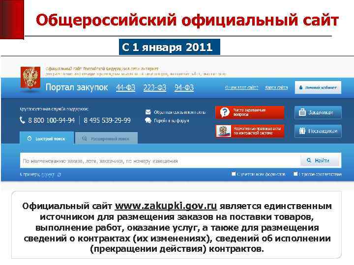 Общероссийский официальный сайт С 1 января 2011 Официальный сайт www. zakupki. gov. ru является