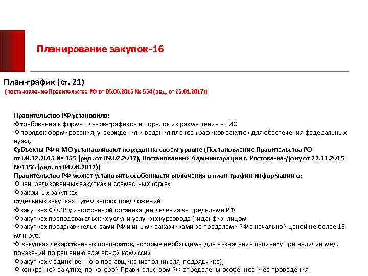 Планирование закупок-16 План-график (ст. 21) (постановление Правительства РФ от 05. 06. 2015 № 554