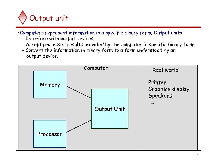 Output unit • Computers represent information in a specific binary form. Output units: -