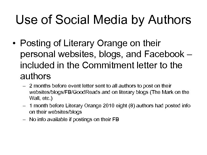 Use of Social Media by Authors • Posting of Literary Orange on their personal