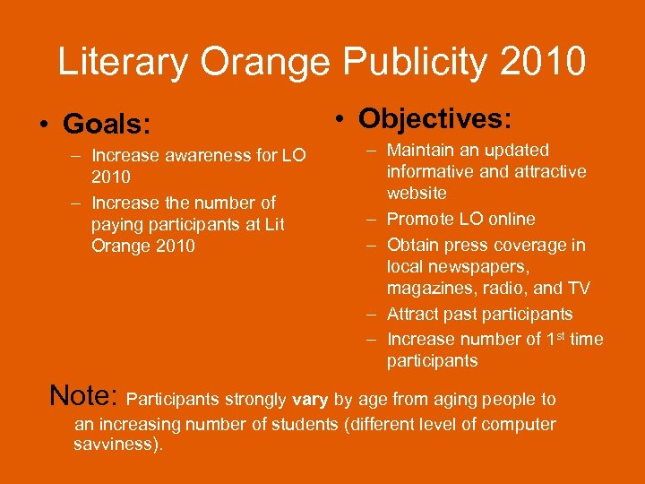 Literary Orange Publicity 2010 • Goals: – Increase awareness for LO 2010 – Increase