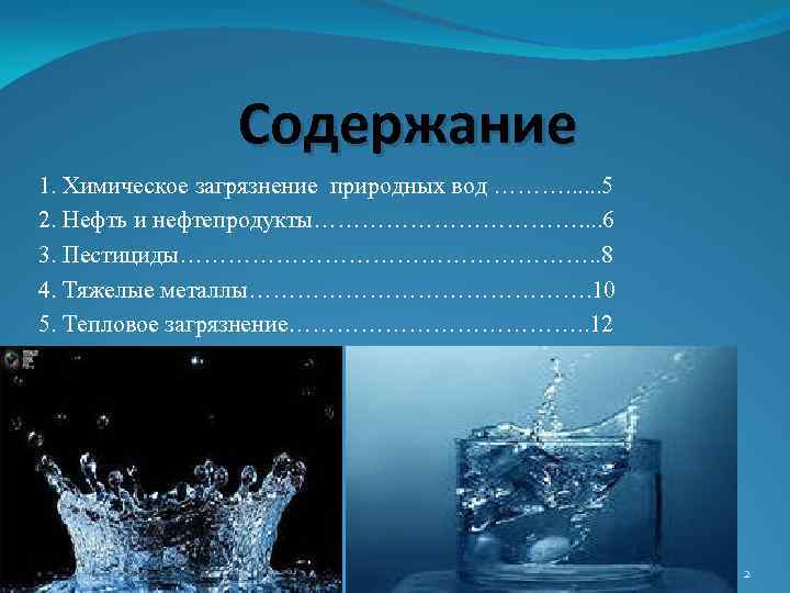 Содержание 1. Химическое загрязнение природных вод ………. . . 5 2. Нефть и нефтепродукты……………….