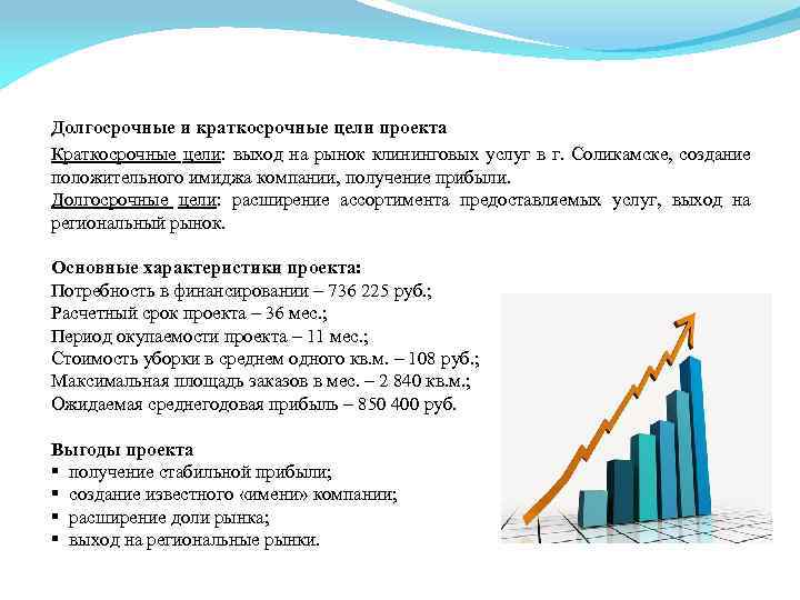 Долгосрочные и краткосрочные цели проекта Краткосрочные цели: выход на рынок клининговых услуг в г.