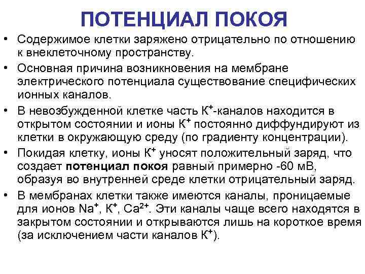 ПОТЕНЦИАЛ ПОКОЯ • Содержимое клетки заряжено отрицательно по отношению к внеклеточному пространству. • Основная