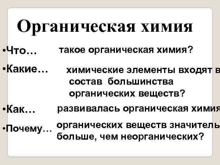 Органическая химия • Что… • Какие… • Как… такое органическая химия? химические элементы входят