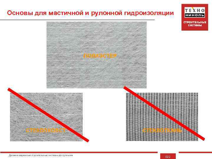 Основы для мастичной и рулонной гидроизоляции ПОЛИЭСТЕР СТЕКЛОХОЛСТ Делаем надежные строительные системы доступными СТЕКЛОТКАНЬ