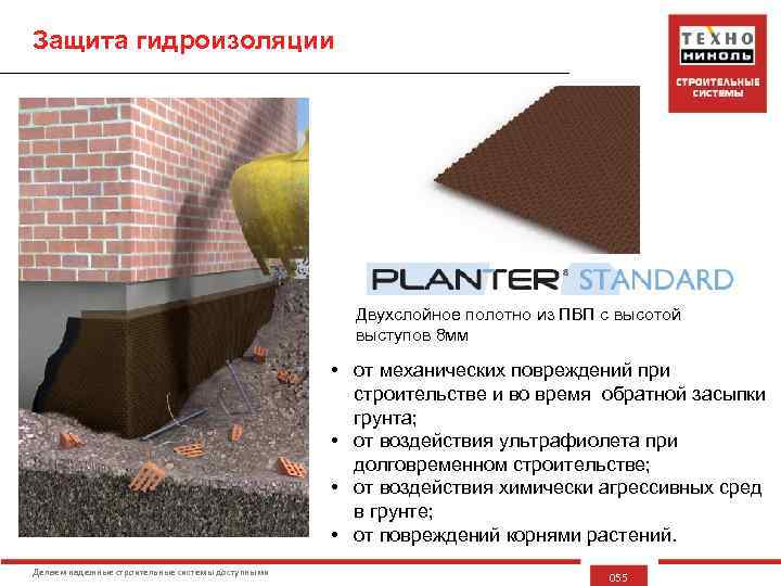 Защита гидроизоляции Двухслойное полотно из ПВП с высотой выступов 8 мм • от механических