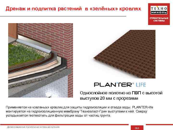 Дренаж и подпитка растений в «зелёных» кровлях Однослойное полотно из ПВП с высотой выступов