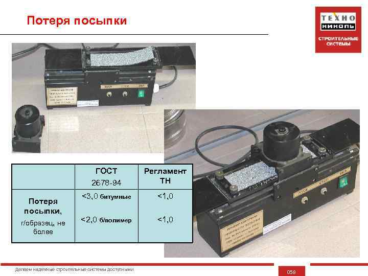 Потеря посыпки ГОСТ 2678 -94 Потеря посыпки, г/образец, не Регламент ТН <3, 0 битумные