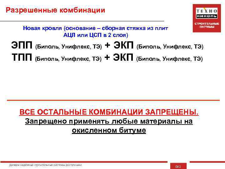 Разрешенные комбинации Новая кровля (основание – сборная стяжка из плит АЦЛ или ЦСП в