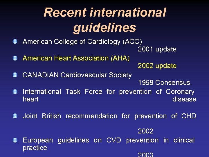 Recent international guidelines American College of Cardiology (ACC) 2001 update American Heart Association (AHA)