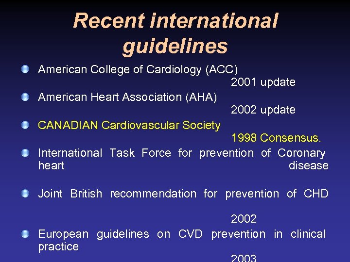 Recent international guidelines American College of Cardiology (ACC) 2001 update American Heart Association (AHA)