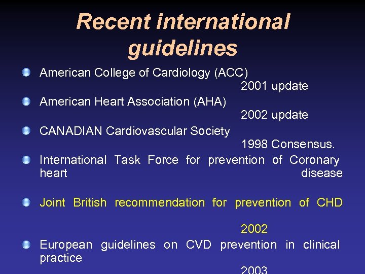 Recent international guidelines American College of Cardiology (ACC) 2001 update American Heart Association (AHA)