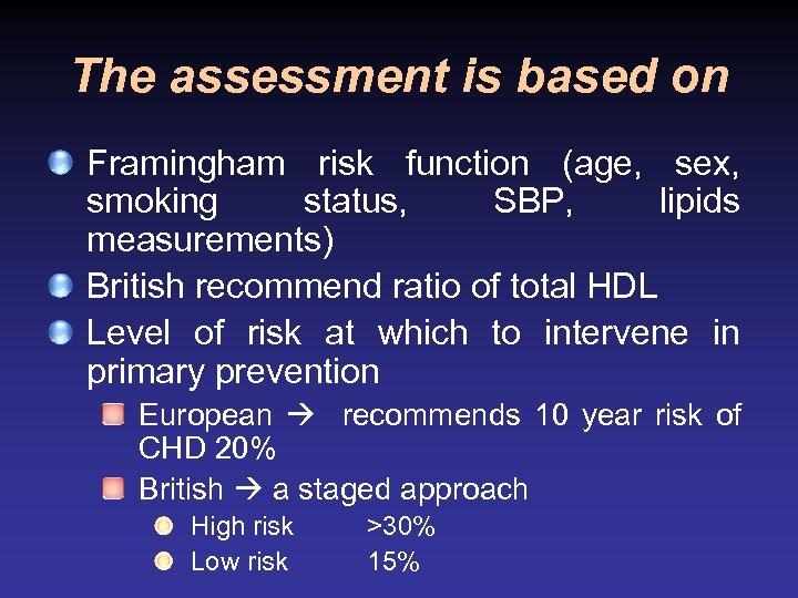 The assessment is based on Framingham risk function (age, sex, smoking status, SBP, lipids