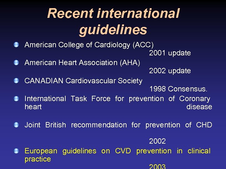 Recent international guidelines American College of Cardiology (ACC) 2001 update American Heart Association (AHA)