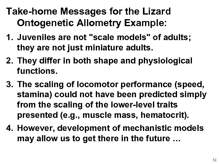 Take-home Messages for the Lizard Ontogenetic Allometry Example: 1. Juveniles are not 