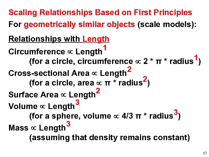 Scaling Relationships Based on First Principles For geometrically similar objects (scale models): Relationships with