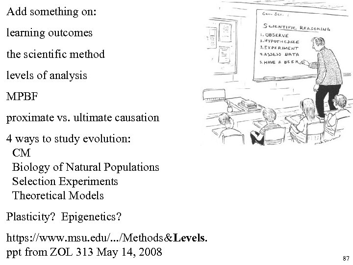 Add something on: learning outcomes the scientific method levels of analysis MPBF proximate vs.