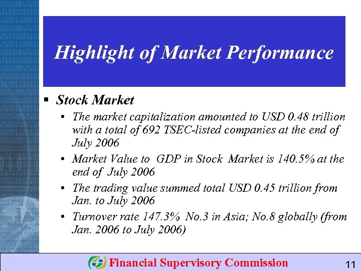 Highlight of Market Performance § Stock Market • The market capitalization amounted to USD
