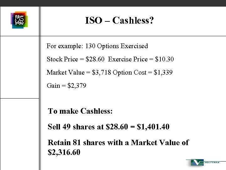 ISO – Cashless? For example: 130 Options Exercised Stock Price = $28. 60 Exercise
