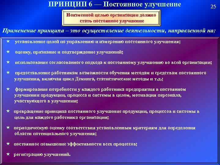 ПРИНЦИП 6 — Постоянное улучшение 25 Неизменной целью организации должно стать постоянное улучшение Применение