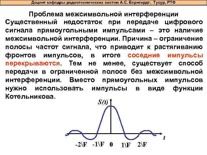 Доцент кафедры радиотехнических систем А. С. Бернгардт, Тусур, РТФ Проблема межсимвольной интерференции Существенный недостаток