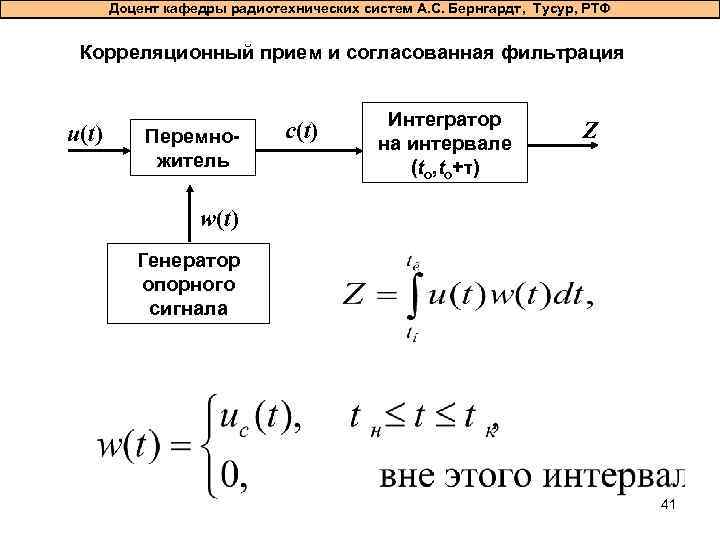 Доцент кафедры радиотехнических систем А. С. Бернгардт, Тусур, РТФ Корреляционный прием и согласованная фильтрация