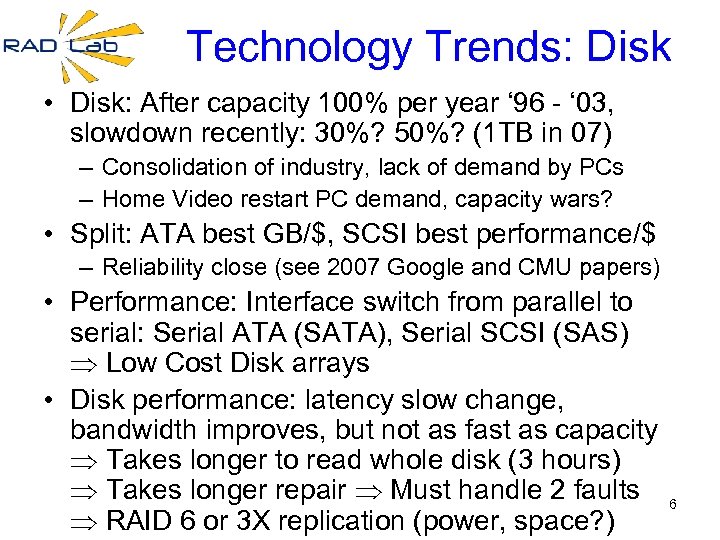 Technology Trends: Disk • Disk: After capacity 100% per year ‘ 96 - ‘