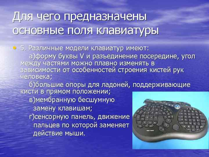 Для чего предназначены основные поля клавиатуры • 5. Различные модели клавиатур имеют: а)форму буквы