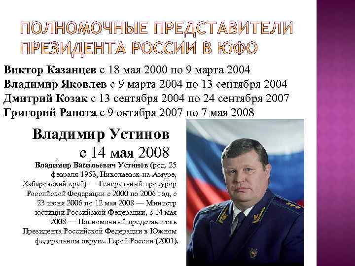 Виктор Казанцев с 18 мая 2000 по 9 марта 2004 Владимир Яковлев c 9