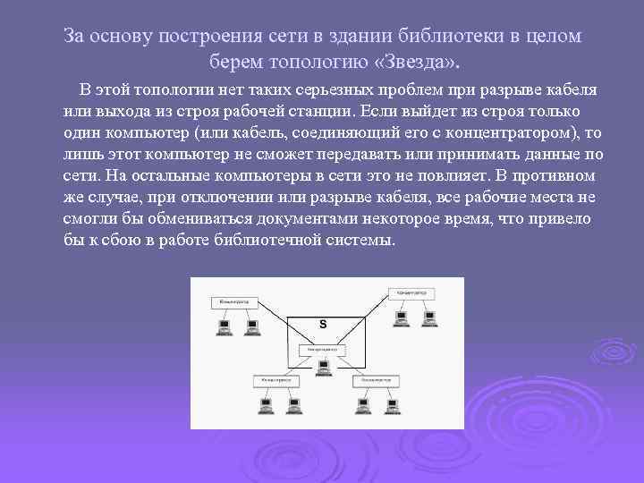 За основу построения сети в здании библиотеки в целом берем топологию «Звезда» . В