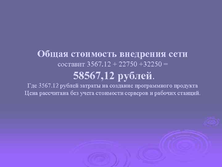 Общая стоимость внедрения сети составит 3567. 12 + 22750 +32250 = 58567, 12 рублей.