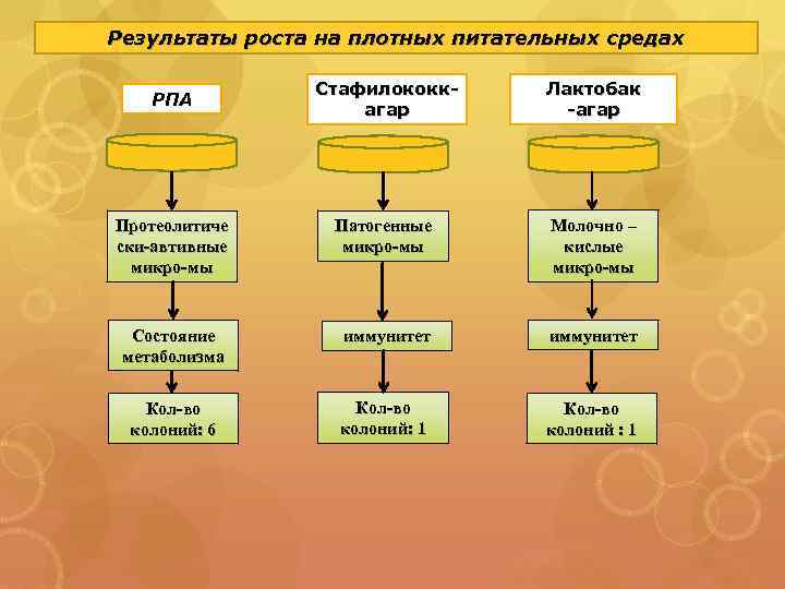 Результаты роста на плотных питательных средах Стафилококкагар Лактобак -агар Протеолитиче ски-автивные микро-мы Патогенные микро-мы