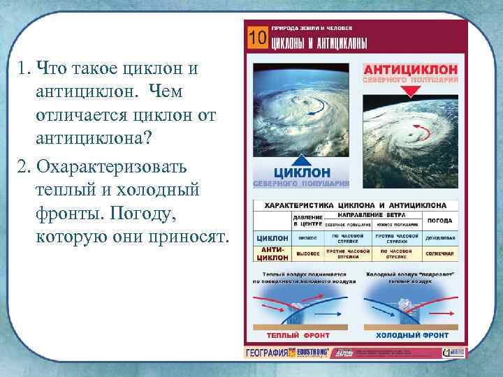 1. Что такое циклон и антициклон. Чем отличается циклон от антициклона? 2. Охарактеризовать теплый