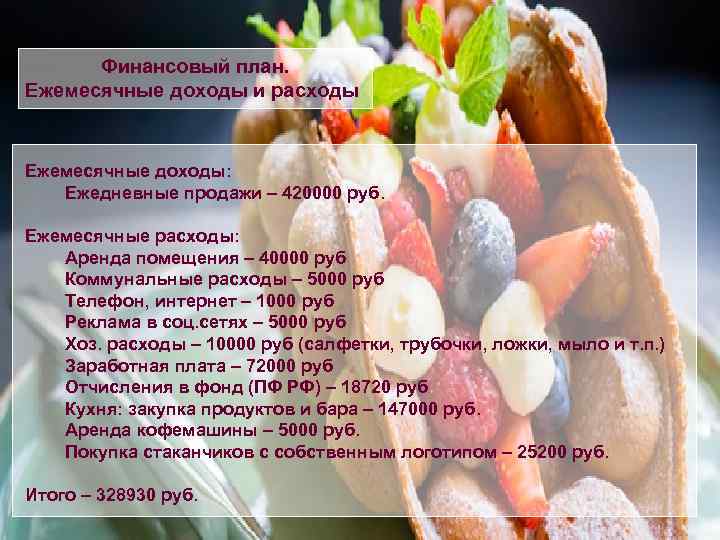 Финансовый план. Ежемесячные доходы и расходы Ежемесячные доходы: Ежедневные продажи – 420000 руб. Ежемесячные